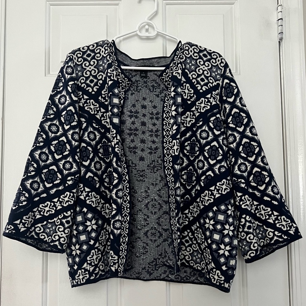 Atmosphere Blue and Black Patterned 3/4 Sleeve Women's Statement Jacket